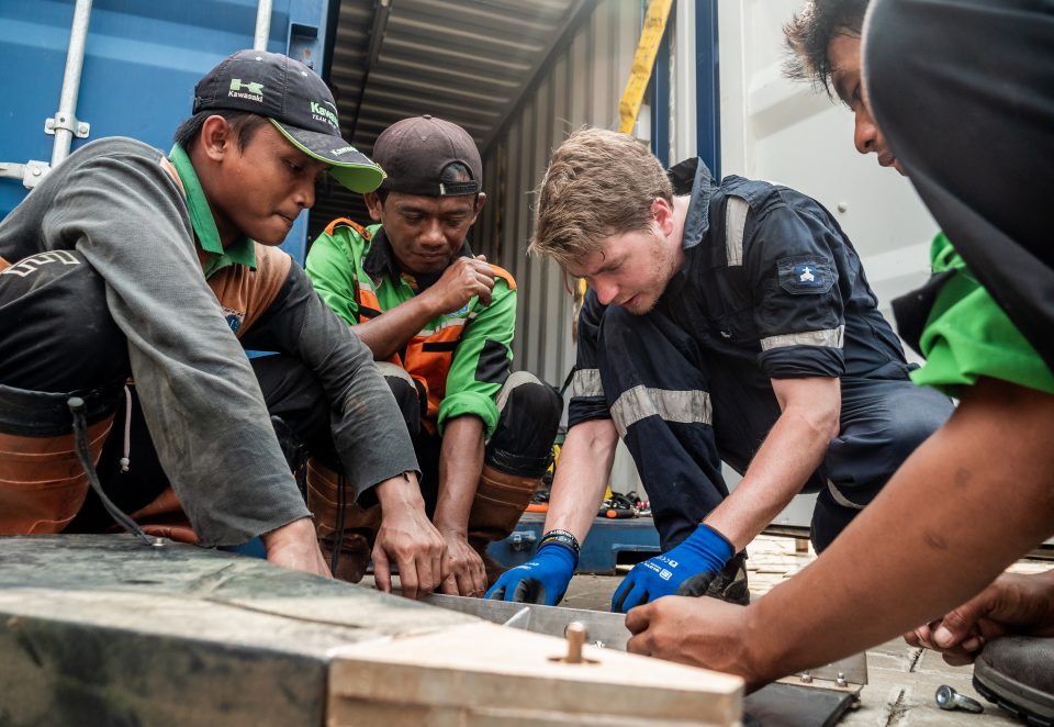 The Ocean Cleanup crew with local operator in Jakarta, Indonesia for Interceptor 001