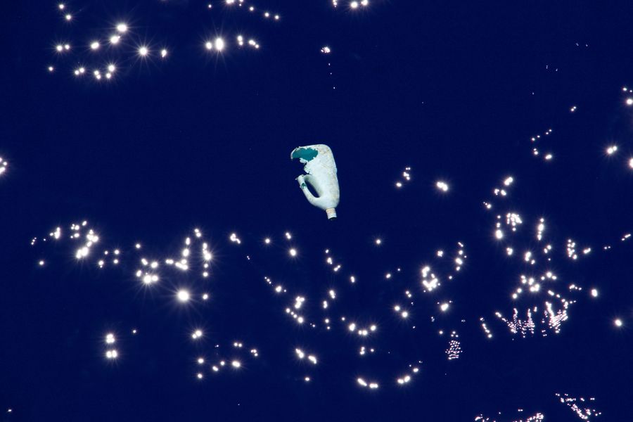 Bite marks on a plastic bottle in the Great Pacific Garbage Patch. Photo credits: Kyler Badten / The Ocean Cleanup