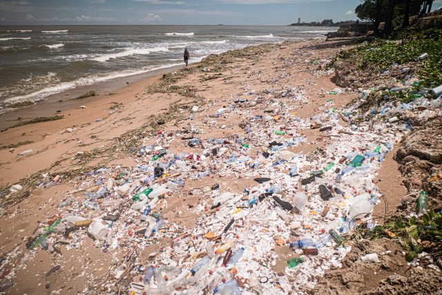 Plastic pollution on a beach in Santo Domingo, Dominican Republic