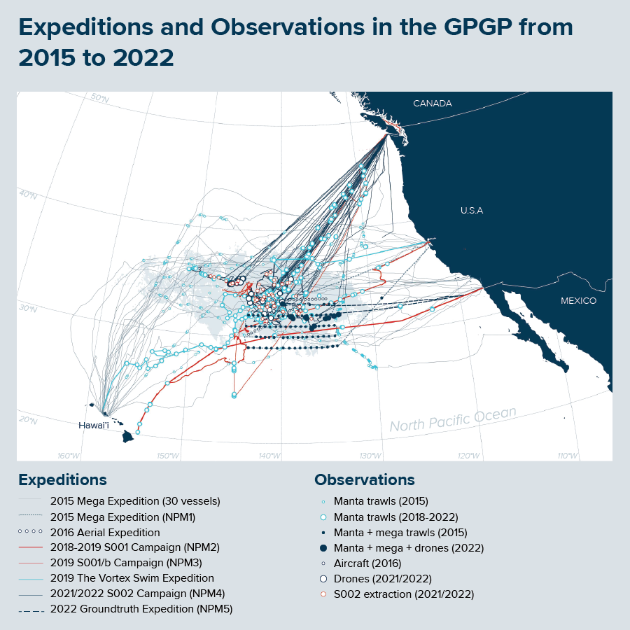 Map showing monitoring efforts in the GPGP from 2015 to 2022.