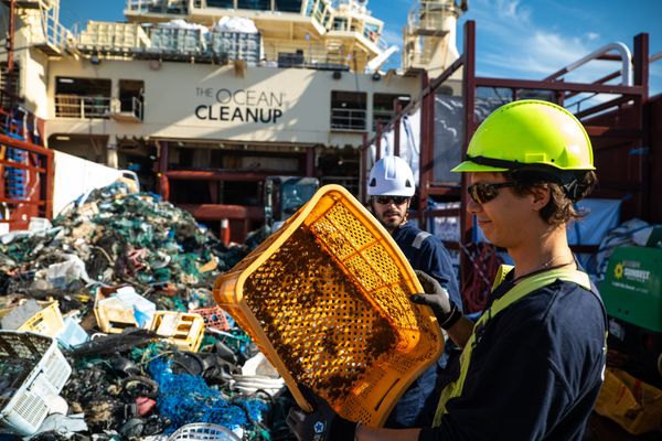 Crew sorting plastic on deck after System 03 extraction